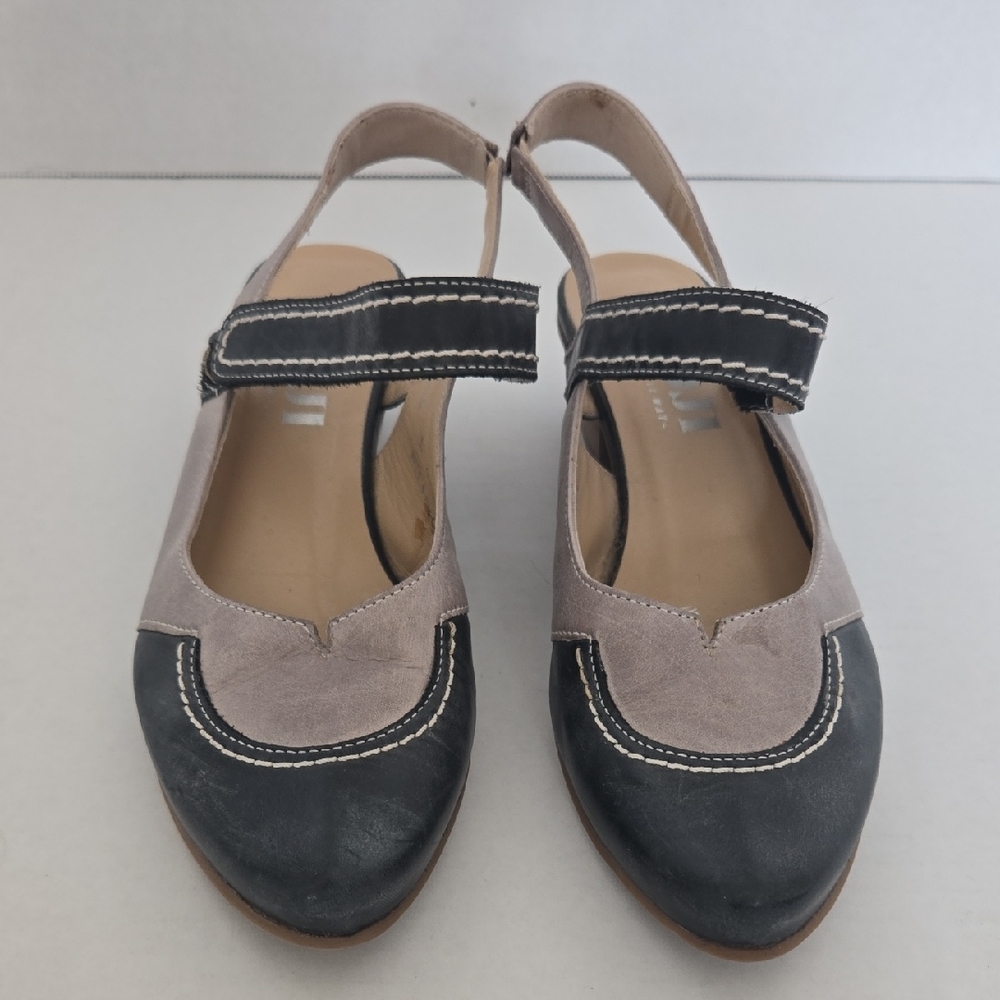 Fidji Black Gray Leather Suede Mary Jane Slingback Heels - Picture 2 of 6